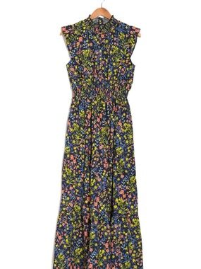 MELLODAY Navy Floral Maxi Dress with Yellow & Coral Accents